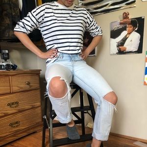 Navy Blue Striped White Long Sleeve Shirt